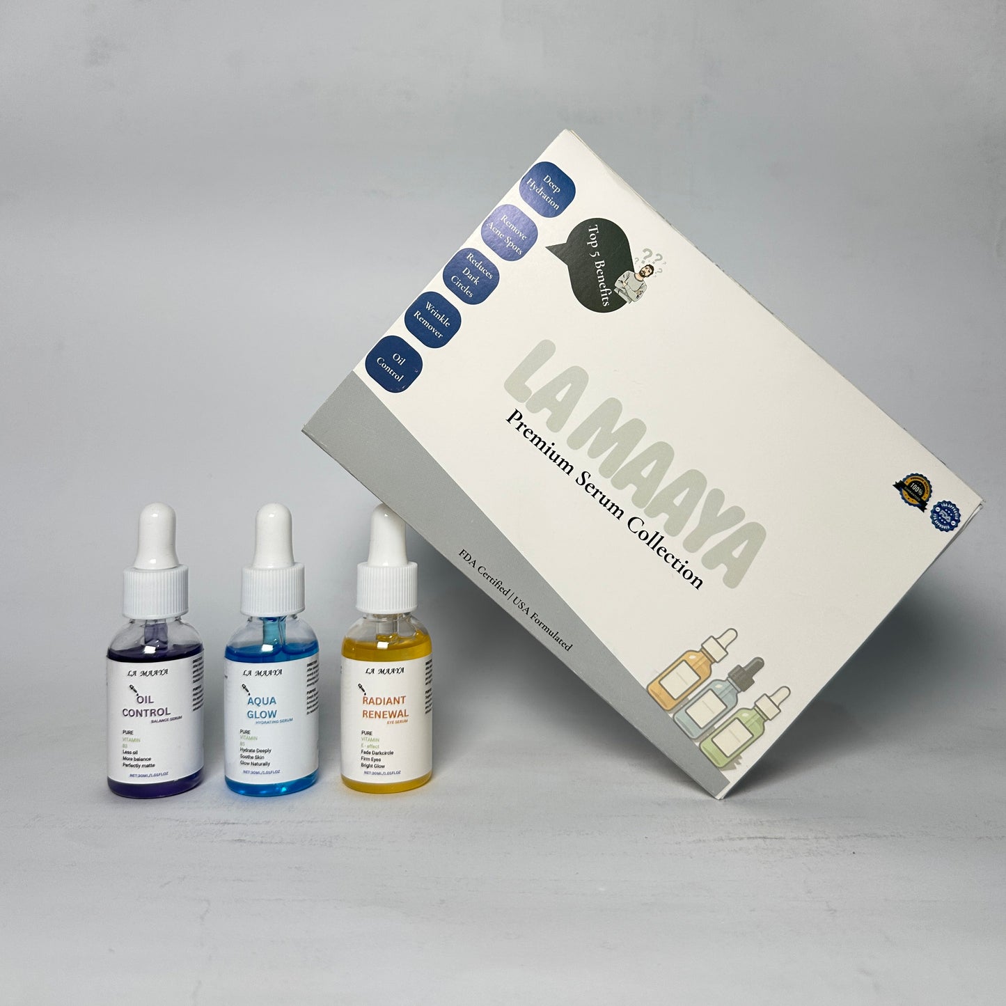 Solution of Glow, Dark Circles, Acne, Wrinkle, Oil Control  | 3 Serums |  USA 🇺🇸 Serum Bundle Set
